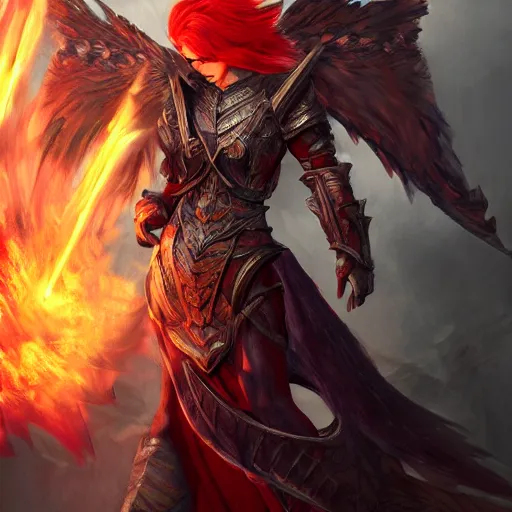 Image similar to fantasy concept art, ( ( winged ) ) ( red hair woman ) ( flaming sword ) ( ( ( plate armor ) ) ) ( ( ( ( devilish smile ) ) ) ), 4 k, painting