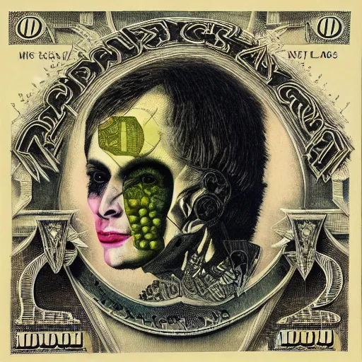 Image similar to post - punk new age album cover, asymmetrical design, dollar bank notes, capitalism, magic, apocalypse, psychedelic, black white pink, magic, giger h. r., giuseppe arcimboldo