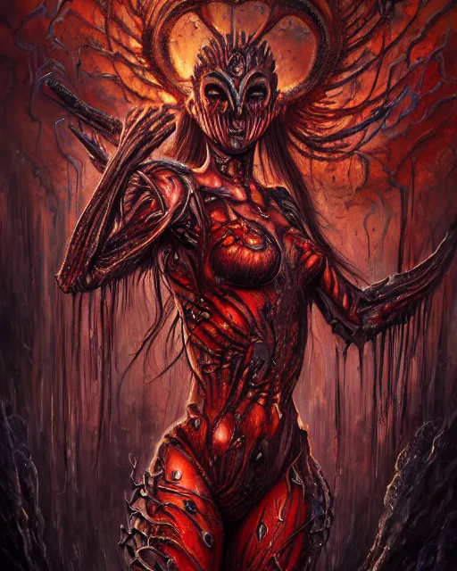 Image similar to charred bloody fleshmetal female cyborg daemonhost psychedelic flamer of tzeentch, by antonio j. manzanedo, giger, alex grey, android jones, wayne barlowe, philippe druillet, raymond swanland, cyril rolando, josephine wall, harumi hironaka, cronenburg, trending on artstation