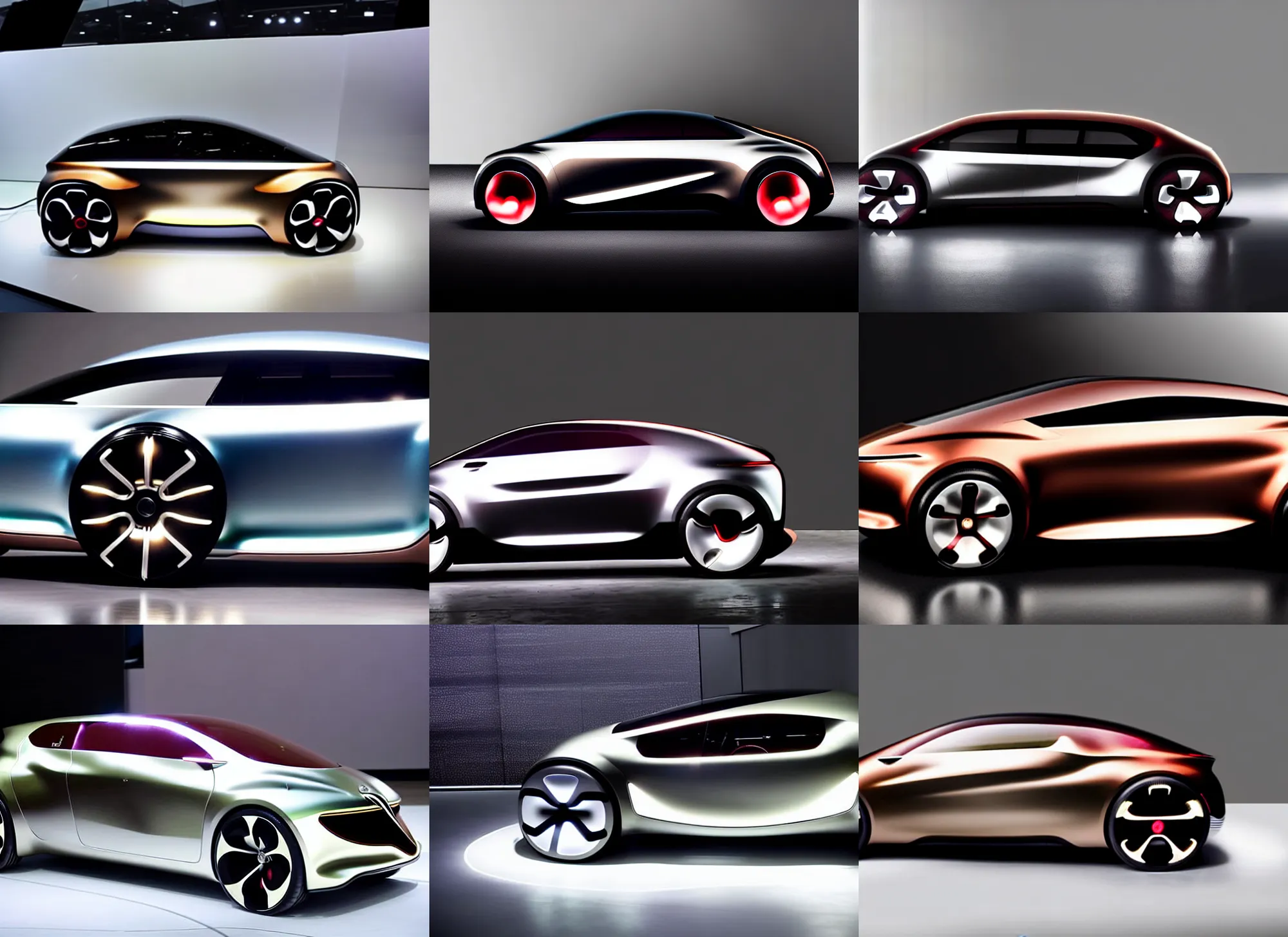 Prompt: side view!!! : : a high - tech modern lustrous fashion ( future alfa romeo city car concept ) designed by modern architecture : : oak, glass, brushed aluminum, tasteful oled strip accent lighting : :