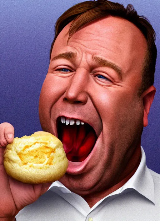 Prompt: A hyper realistic ultra realistic photograph of Alex Jones screaming as kirby the cream puff by Brandon Hughes , detailed, photorealistic imagery, 8k quality