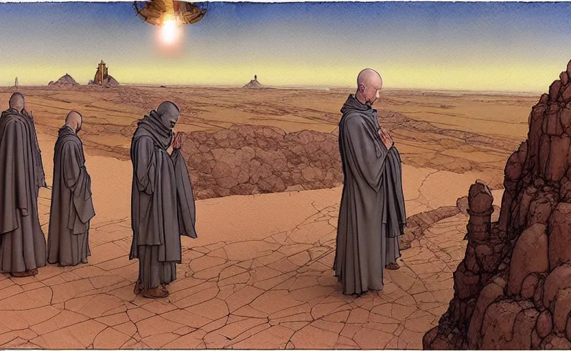 Prompt: a hyperrealist watercolour concept art of a medieval monk in grey robes kneeling in prayer on a desert road. a large steampunk ufo is above them in the sky. by rebecca guay, michael kaluta, charles vess and jean moebius giraud. high detail, hq, wide shot