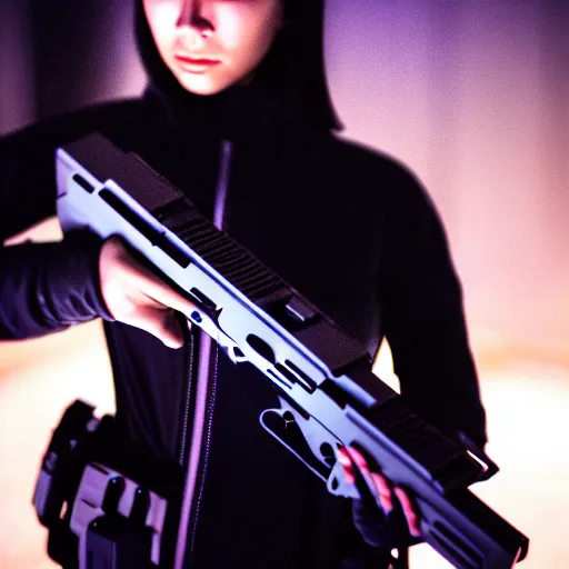 Image similar to cinestill 5 0 d candid photographic portrait of a techwear woman holding a gun on the rooftop of a futuristic city at night, closeup, modern cyberpunk moody emotional cinematic, clear skies, 8 k, hd, high resolution, 3 5 mm, f / 3 2, ultra realistic faces, ex machina