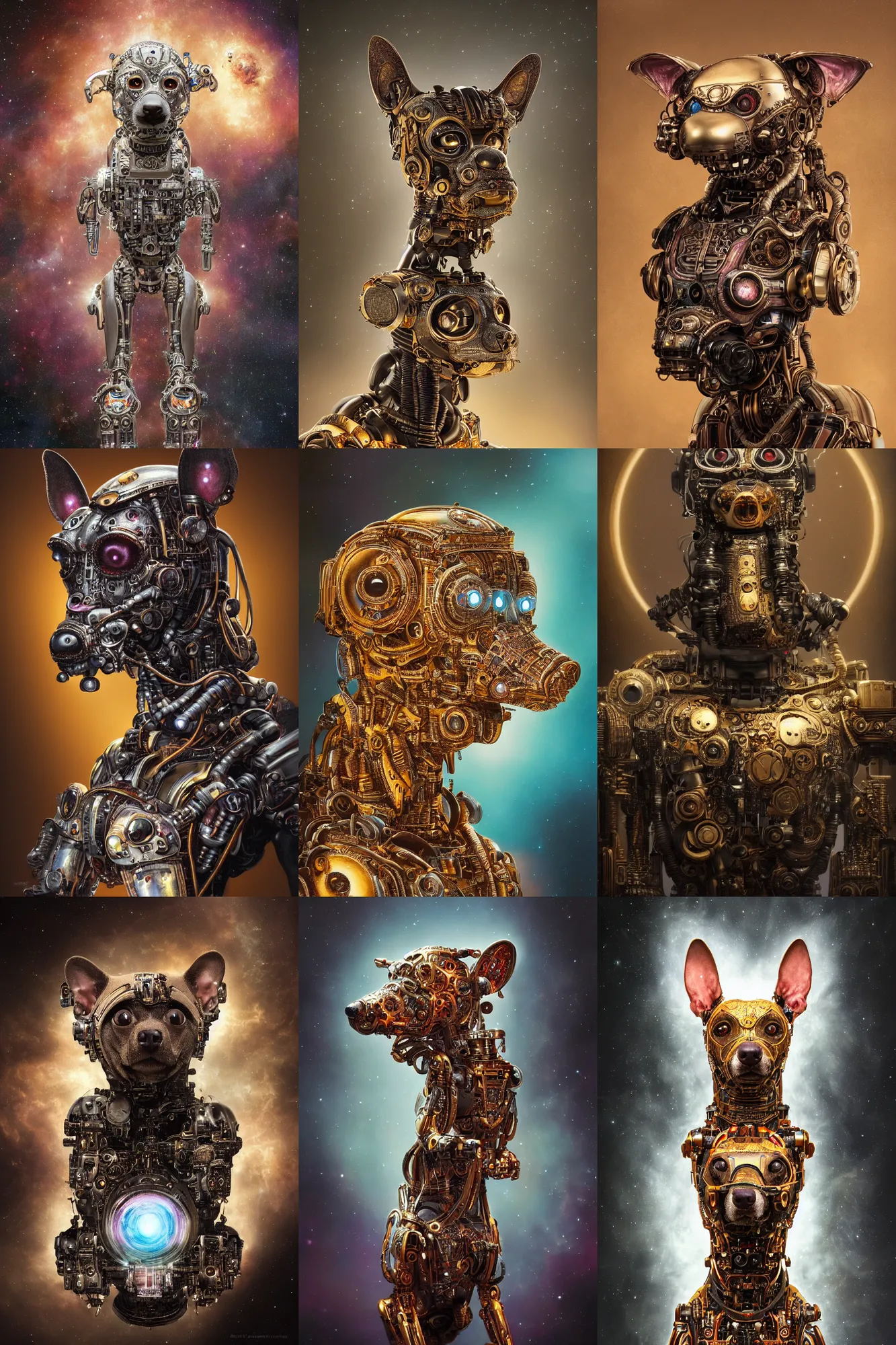 Prompt: a beautiful ultradetailed fine art photo of an ancient aztec hairless cybernetic cyborg dog set against galactic space, by tom bagshaw and anna dittman, portrait, soft backlighting, robotic arch around the dog, 5 0 mm lens, golden ratio composition, detailed faces, studio lighting, very detailed, industrial mechanical robot dogs, artstation, 8 k, highly coherent