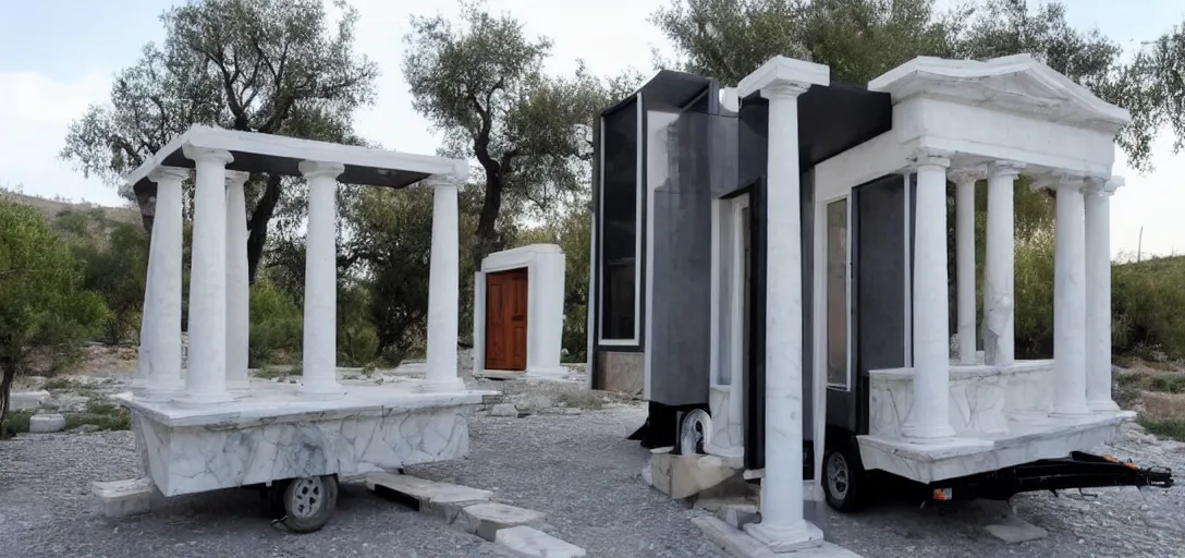 Image similar to greek tiny house made of marble with columns on trailer designed by iktinos and callicrates.