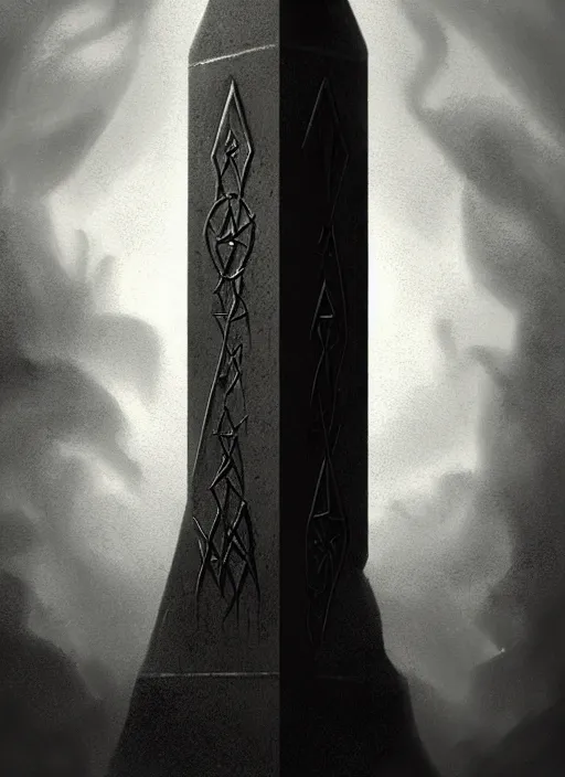 Image similar to portrait of a profane obelisk, evil altar, glowing evil runes, intricate, elegant, deep dark lighting, moody, atmospheric, grim dark, highly detailed, digital painting, artstation, concept art, smooth, sharp focus, illustration, art by wlop, mars ravelo and greg rutkowski