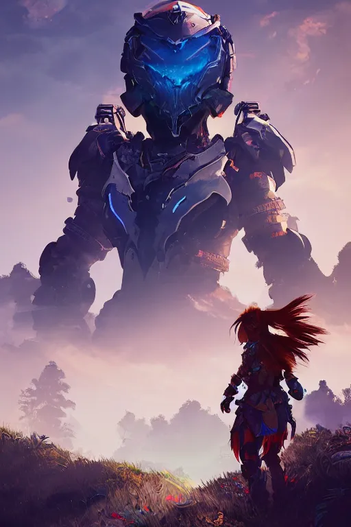 Image similar to combination suit armor aloy horizon forbidden west horizon zero dawn radiating a glowing aura global illumination ray tracing hdr fanart arstation by ian pesty and alena aenami artworks in 4 k tribal robot ninja mask helmet backpack