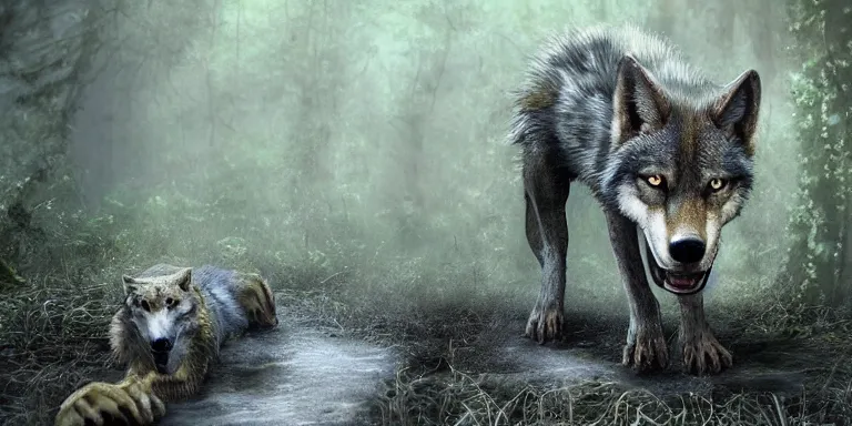 Image similar to chimera made of a wolf and a crocodile, awarded on pixiv, ultra realism, fantasy, trending on deviantart, realistic wood swamp, professional photoshop artwork