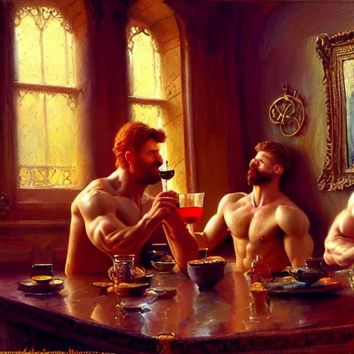 Image similar to attractive muscular mike with ginger hair with attractive tyler with brunet hair, drinking their hearts out, in their noble mansion. image defined to the maximum and highly detailed painting by gaston bussiere, craig mullins 8 k