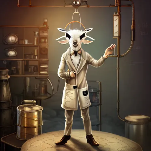 Prompt: a mad scientist goat in lab coat creating a time machine, steampunk style, digital art, trending on artstation and unreal engine, deviantart, smooth, hyper detailed, award - winning, hd