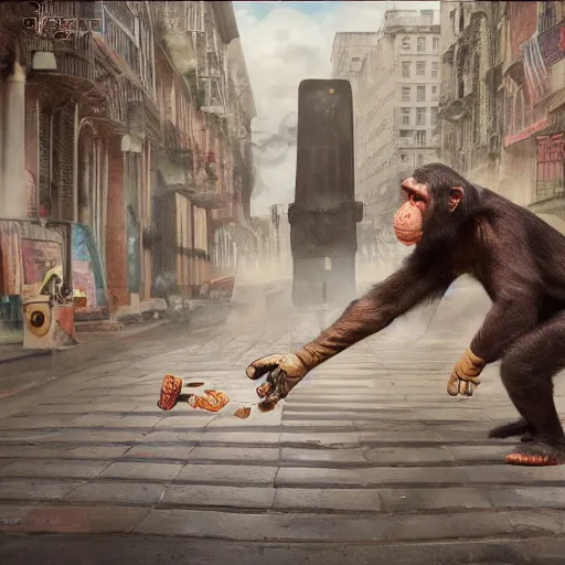 Image similar to a chimpanzee picking up pennies in a city street with a steam roller headed towards him, depth of field, fashion photoshoot by nicoletta ceccoli, mark ryden, lostfish, dan decarlo, bob clampett, max fleischer, breathtaking, detailed and intricate environment, 8 k resolution, hyperrealistic, octane render