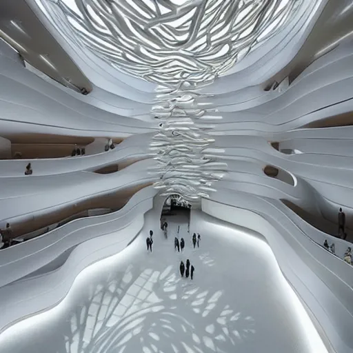 Image similar to stunning beautiful futuristic museum interior by Zaha Hadid, smooth curvilinear dragonfly wings pattern