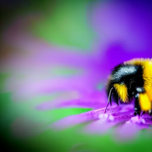 Image similar to surreal composite bumble bee made of flowers, pedicel legs, flower petal wings, siting on a finger, 5 0 mm lens, f 1. 4, sharp focus, ethereal, emotionally evoking, head in focus, volumetric lighting, blur dreamy outdoor