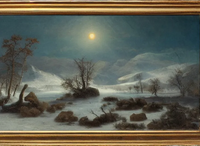 Image similar to earth after the cretaceous – paleogene extinction event, a harsh winter cools down the earth, blizzards envelop the lands and barely any sunlight gets through the thick dust clouds, in the style of hudson river school of art, oil on canvas