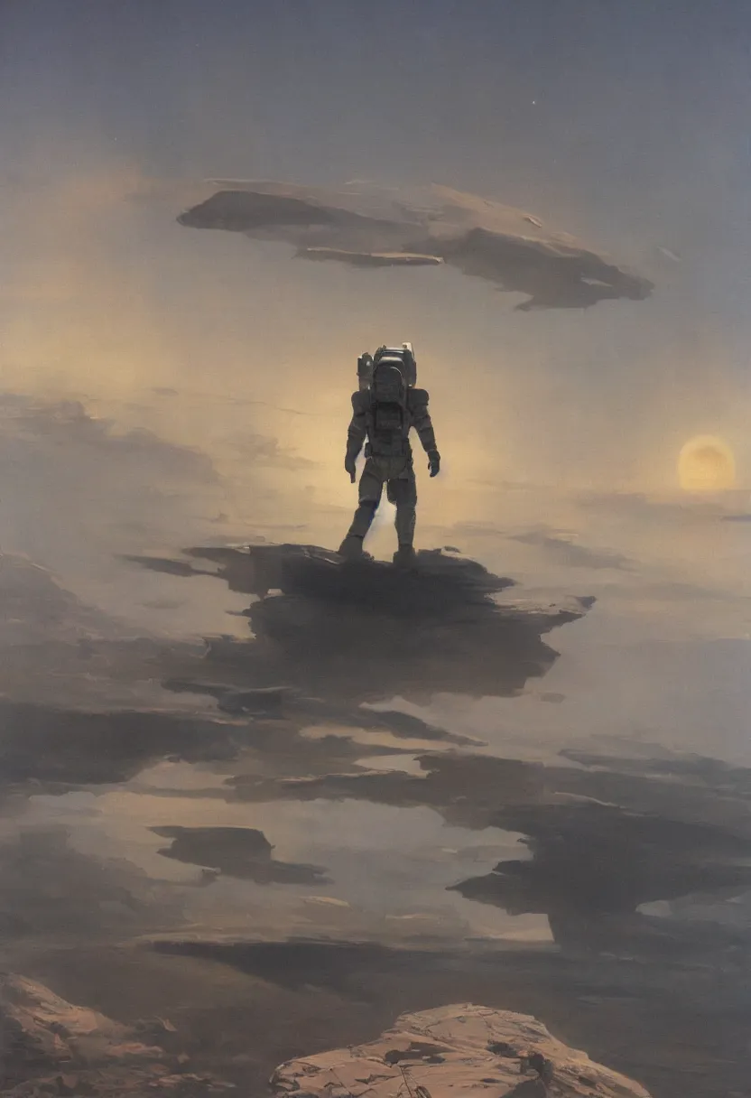 Prompt: an epic painting of a futuristic solitary astronaut walking along the muted orange icy surface of Titan, Saturn is visible through the haze, unreal 5, DAZ, detailed, soft focus, brilliant, 4k, 8k, HD, trending on artstation, art by Rick Guidice painting by Robert McCall by John Harris, abstract