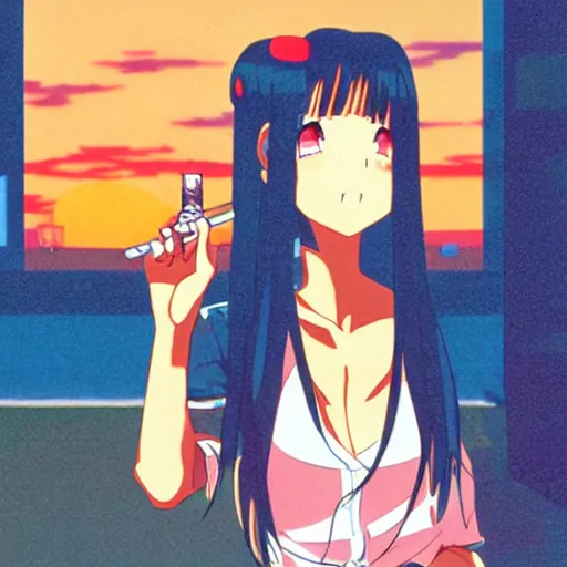 Prompt: anime girl in dimly light golden gai smoking a cigarette during sunset, 8 0 s anime, kimagure orange road, sprite, yu - no, nostalgic