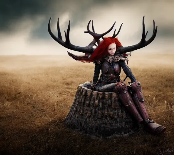 Image similar to a photo of an armored woman warrior redhead with antlers sitting on a giant mushroom that covers a whole village and reaches above the clouds by luis royo. intricate. lifelike. soft light. sony a 7 r iv 5 5 mm. cinematic post - processing