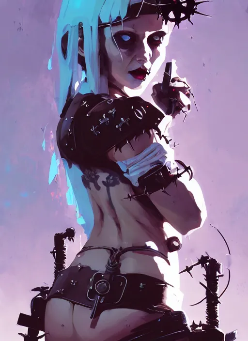 Image similar to cute goth maiden girl with crown of thorns and white short hairs, dressed in leather belts, warhammer, cyberpunk, by atey ghailan, by greg rutkowski, by greg tocchini, by james gilleard, by joe gb fenton, by kaethe butcher, dynamic lighting, gradient light blue, brown, blonde cream and white color in scheme, grunge aesthetic