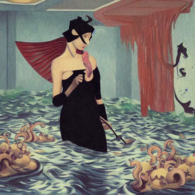 Prompt: tall female catgirl artist wearing a pig mask in her flooded apartment, mushrooms, octopus, water gushing from ceiling, painting of flood waters inside an artist's apartment, a river flooding indoors, pomegranates, ikebana, zen, rapids, waterfall, black swans, canoe, berries, acrylic on canvas, surrealist, by magritte and monet