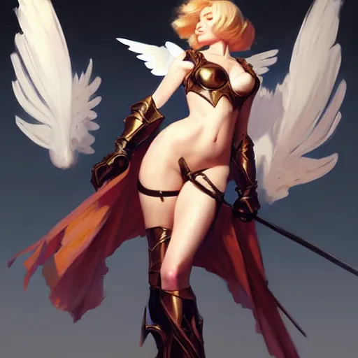 Image similar to greg manchess painting of anime woman in armor, long wings, soft lighting, trending on artstation, by huang guangjian and gil elvgren and krenzcushart