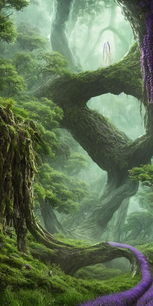 Image similar to extraordinarily tall mother nature with lavender hair, surrounded by a green forrest, moody , lovecraft, giger, ridley scott, zack snyder, Fenghua Zhong, realistic cinematic lighting, establishing action shot, ultra detailed, hyper realism, photo, octane render.