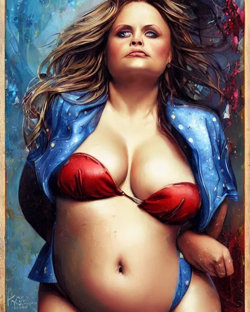 Prompt: a very obese christina ricci, gorgeous bikini model, oil on aged tin, inked lines, beautiful blue eyes, blonde hair. by karol bak and alain aslan and charlie bowater and artgerm.