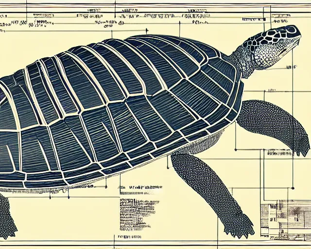 Prompt: a full page of a mechanical blueprint showing a cutaway design for a mechanized turtle from howl's moving castle ( 2 0 0 4 ), with a big head, muted colors, post grunge, studio ghibli, hq,