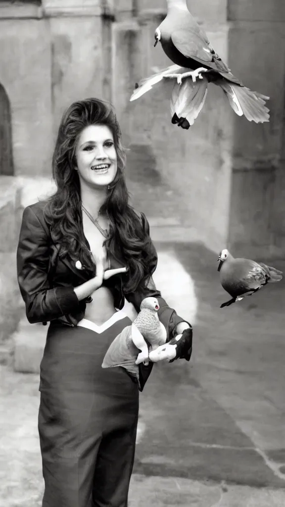 Image similar to an 8 0 s photo of a glamour model holding a pigeon