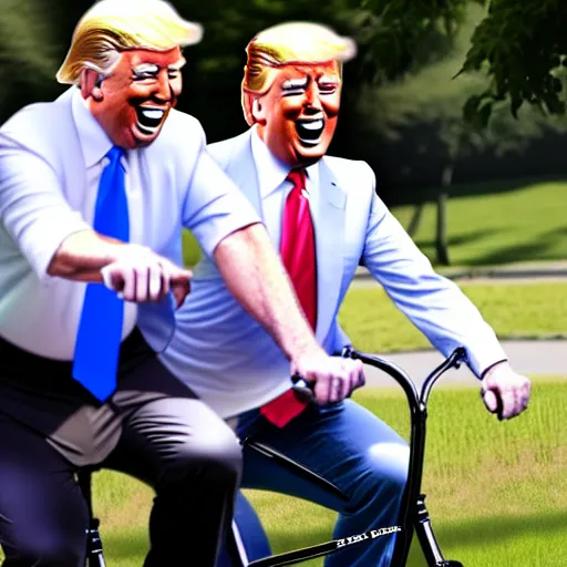 Image similar to joe biden and donald trump drunkenly riding a tandem bike together, laughing and joking, photorealistic, detailed