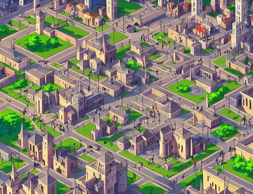 Image similar to isometric view of a medieval city, by nashimanga, anime illustration, anime key visual, beautiful anime - style digital painting by wlop, amazing wallpaper