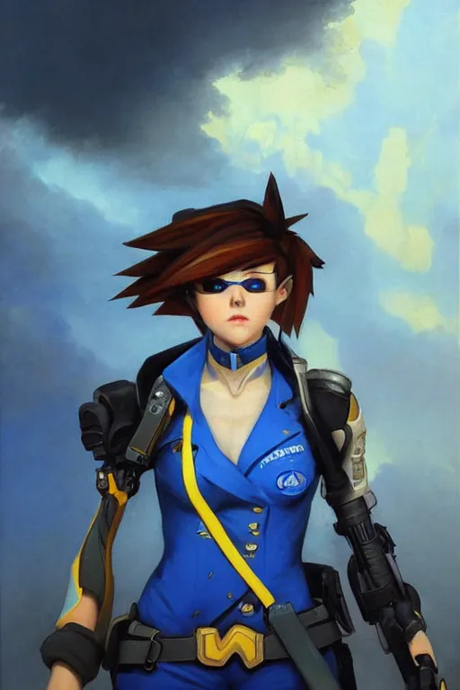 Image similar to oil painting of tracer overwatch in a dystopian city wearing blue uniform, in style of ivan aivazovsky, expressive face, detailed face, detailed eyes, full body, feminine face, tracer overwatch,