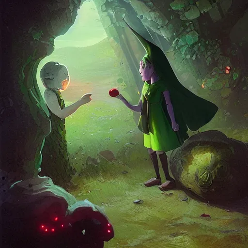 Prompt: a girl accepting an apple from a green skinned witch, by Jordan Grimmer and greg rutkowski, crisp lines and color,