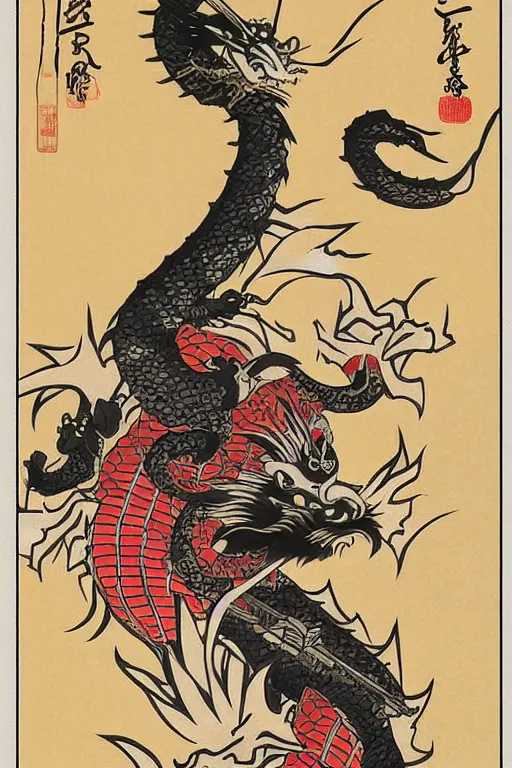 Image similar to samurai dragon in ukiyo-e style print