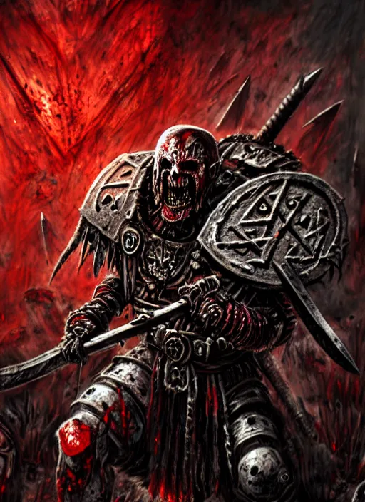 Image similar to berserker of khorne, blood warrior, evil, bloody axe, screaming, insanity, anger, psychopath, intricate, bloody runes, runes, bottom up lighting, warhammer, warhammer 4 0 k, highly detailed, digital painting, concept art, sharp focus, illustration, psychedelic, grim dark, moody, gloomy, art by john blanche