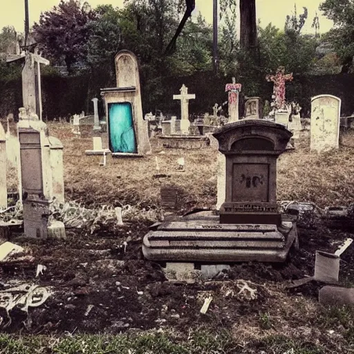 Image similar to The experimental art shows a grave that has been flooded with water. The grave is located in a cemetery in Italy. The water in the grave is dirty and there is trash floating in it. The grave is surrounded by a fence. 60s kitsch and psychedelia, Subway by Elizabeth Gadd sad, rich details