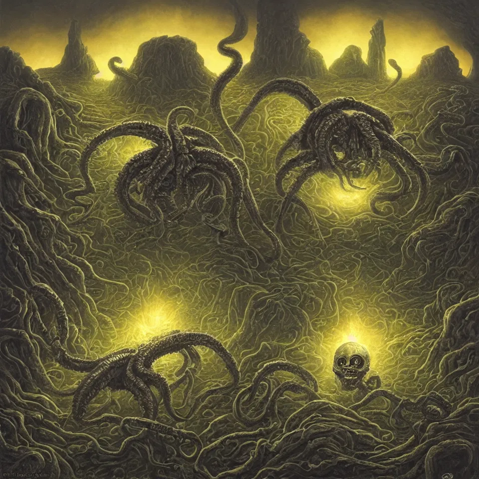 Image similar to alien spider with kraken head, in an alien landscape surrounded by Stonehenge with glowing writing emanating from the stones, contrasting colors, Dan Seagrave,