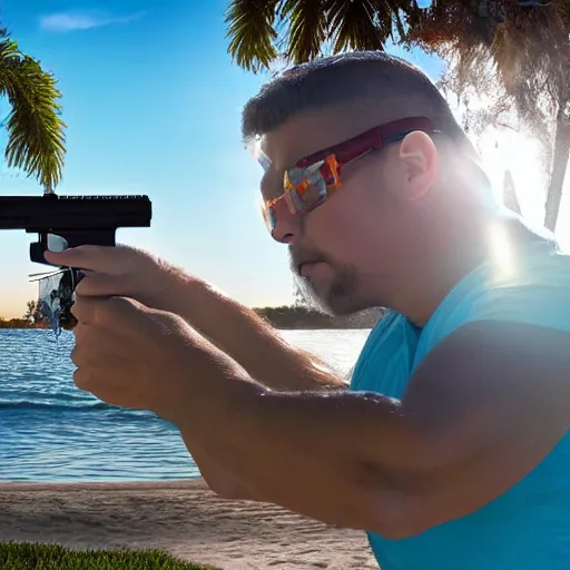 Prompt: a florida man shooting at the sun with a water gun, photorealistic, ultra detailed, high resolution, 8 k