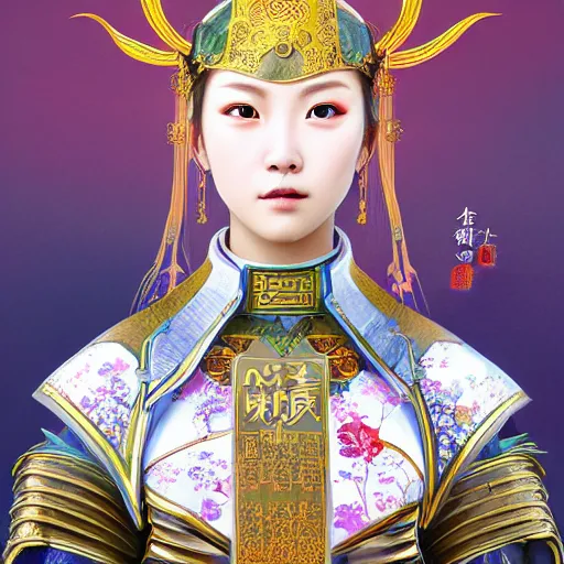 Image similar to beautiful and divine and holy and elite and colorlpunk three kingdom chinese female armor knight portrait like twice tzuyu+shinnyy eyes+front face with light flowing hair, ultradetail face, art and illustration by tian zi and craig mullins and WLOP and alphonse mucha, fantasy, intricate complexity, human structure, human anatomy, fantasy character concept, watermark, blurry, hyperrealism 8k