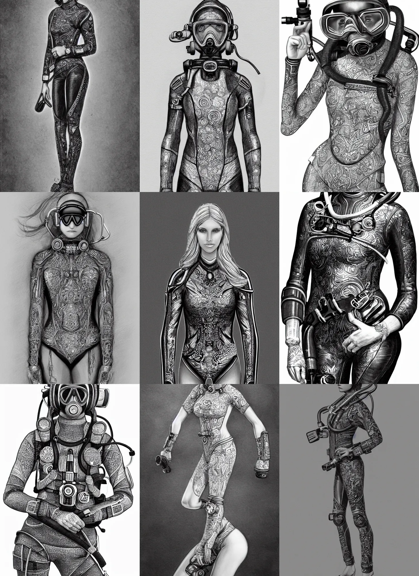 Prompt: full body concept detailed fine art pencil drawing of beautiful female scuba - diver with a beautiful face wearing intricately designed full clothing, 4 k digital art