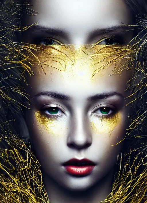 Image similar to glowing silver and golden elements, full close-up portrait, young female portrait model from shutterstock as a dark witch, book cover, green forest, white moon, red lips, establishing shot, extremly high detail, photo-realistic, cinematic lighting, pen and ink, intricate line drawings, by Yoshitaka Amano, Ruan Jia, Kentaro Miura, Artgerm, post processed, concept art, artstation, matte painting, style by eddie, raphael lacoste, alex ross