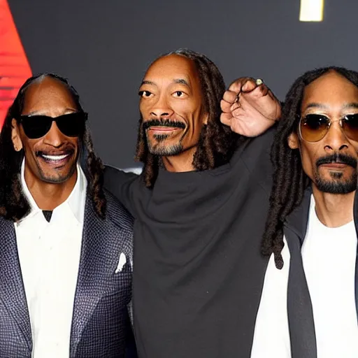 Image similar to a picture of Dwayne Johnson, snoop Dogg and Jackie Chan posing together for the camera