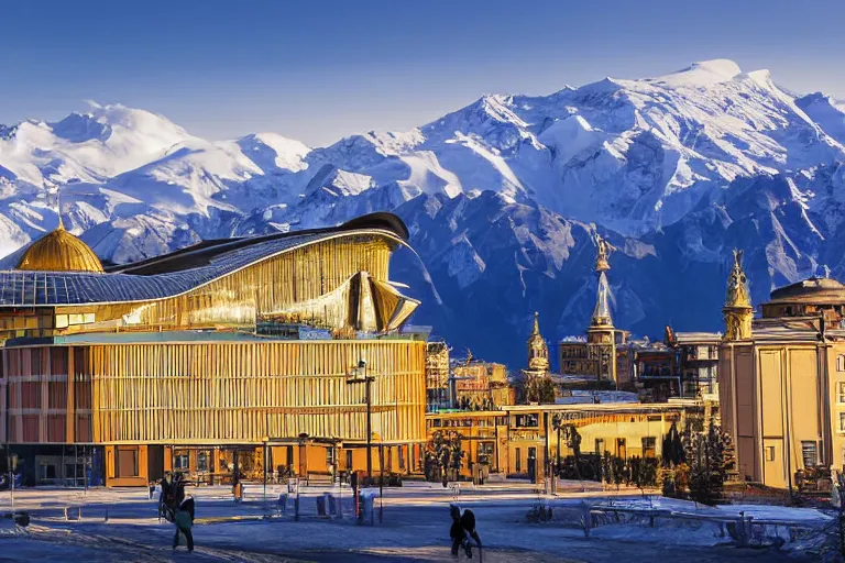 Image similar to architecture photo modern fachwerk opera building settlement with Elbrus mountain on the background, architecture, photorealism 8k , shining and happy atmosphere, uplight, high details