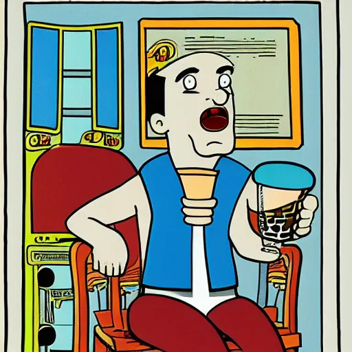 Image similar to illustration of the greek god eros who is a clown, has hurt his knee and sitting in a chair and is watching the game on tv with a beer in hand, by chris ware