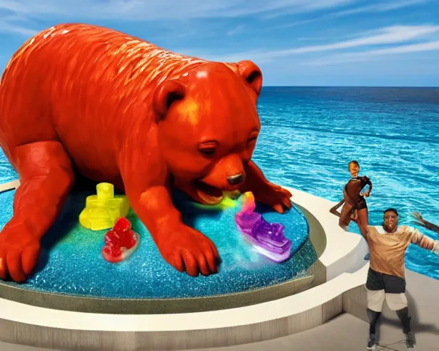 Image similar to a giant sculpture of will smith as a gummy bear on the ocean water, award winning, hyper - realistic, very detailed, realistic water splashes, ray tracing, 8 k resolution, long - shot, sharp focus, low angle, 8 5 mm photograph, wide lens