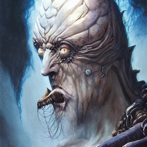 Image similar to head and shoulders portrait of a wraith king, d & d, fantasy, greg rutkowski, frank frazetta, alexandre chaudret, boris vallejo, michael whelan, miro petrov, hr giger, magali villeneuve, donato giancola