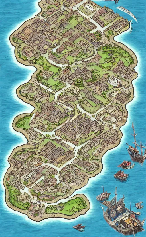 Prompt: dnd shore port town and docks on islands, hand painted and drawn map