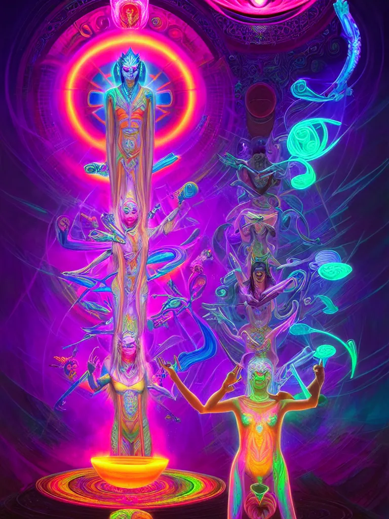 Prompt: epic scale cinematic full view chromaticity dmt being alex grey character concept of a beautiful colorful crystals powder liquids, glowing fluorescent velvet neon blacklight hues and saturation, sacred dmt color deity visionary fantasy art by greg rutkowski android jones artgerm alphonse max chroma rule of thirds golden ratio sacred geometry ai generated art