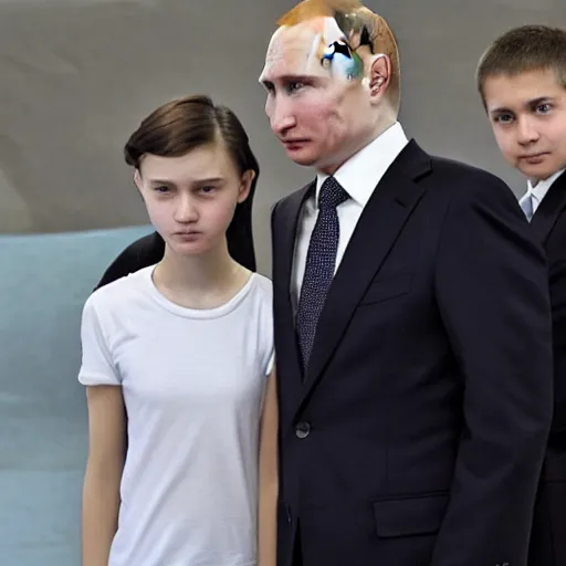 Image similar to putin teams up with a teenage putin, perfect faces