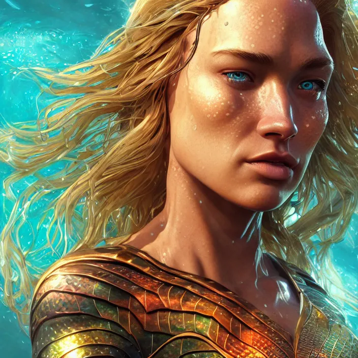 Image similar to female aquaman, au naturel, hyper detailed, digital art, trending in artstation, cinematic lighting, studio quality, smooth render, unreal engine 5 rendered, octane rendered, art style by klimt and nixeu and ian sprigger and wlop and krenz cushart