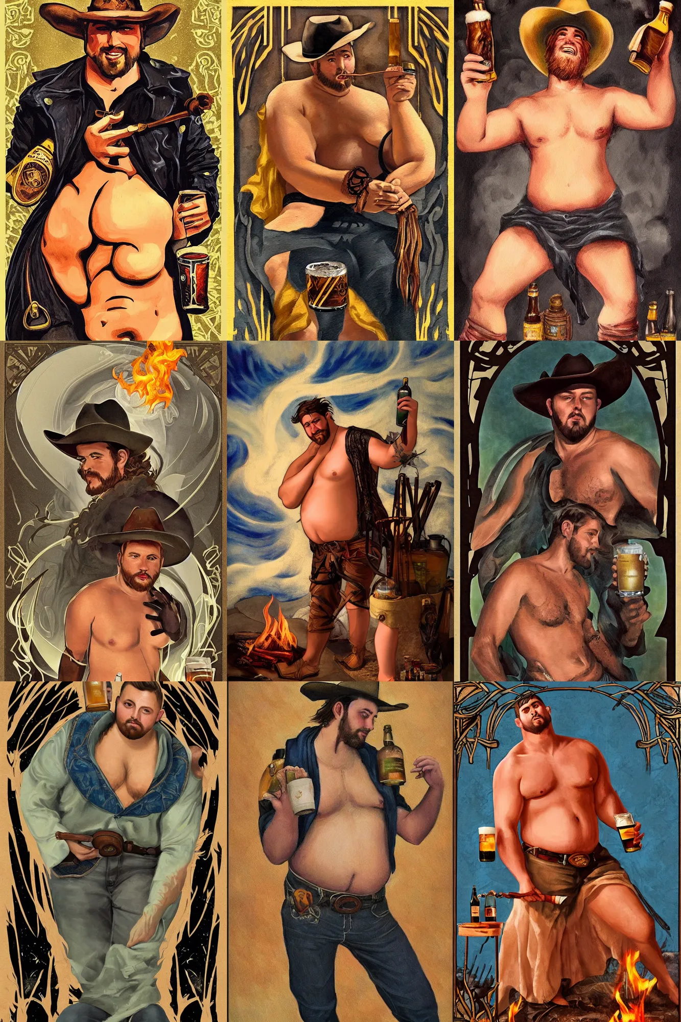 Prompt: a dramatic, ethereal! painting of a handsome! thicc shirtless mischievous cowboy with a beer belly wearing a leather vest sitting behind a campfire at night with food and jugs of whisky | tarot!! card, art deco, art nouveau | by Mark Maggiori | trending on artstation
